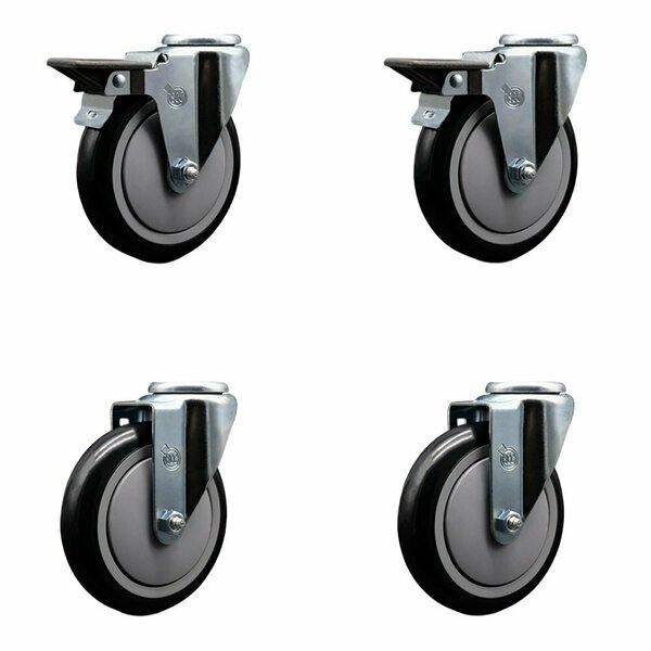 Service Caster 5'' Black Poly Wheel Swivel Bolt Hole Caster Set with 2 Posi Lock Brakes, 4PK SCC-BH20S514-PPUB-BLK-PLB-2-S-2